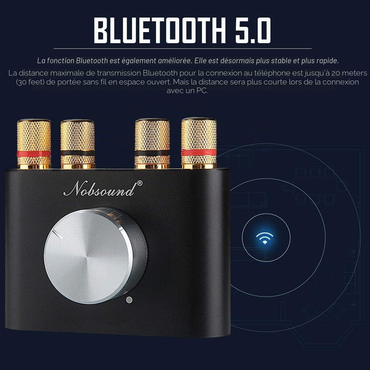 Nobsound Mini Amplificateur de puissance Bluetooth, Stereo Hi-Fi Digital Amp 2.0 Channel 50W × 2 avec entrée AUX/USB/Bluetooth, Récepteur audio sans fil; Carte son avec carte d'alimentation (noir)