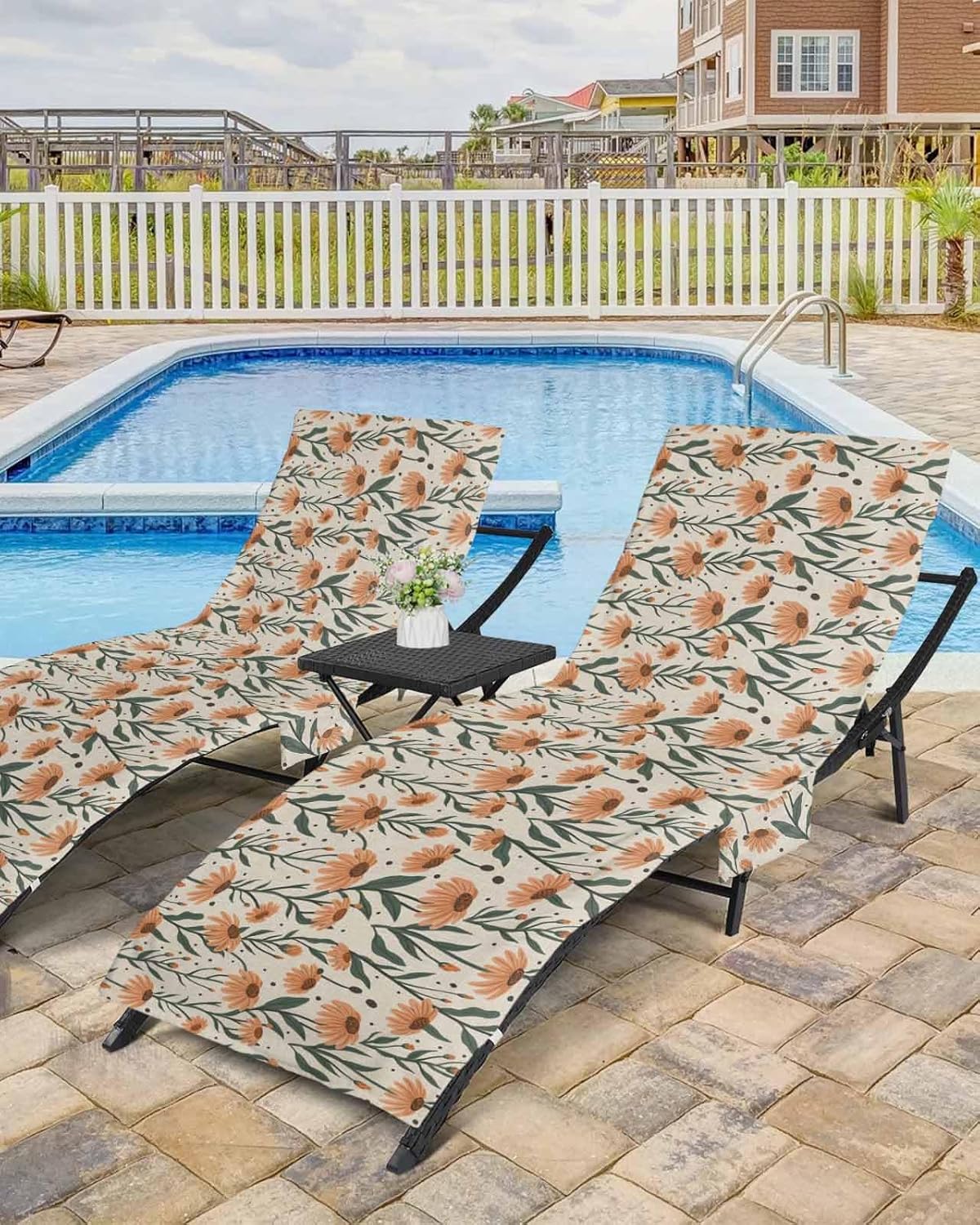 Burlap Retro Flower Beach Pool Patio Lounge Chaise Chair Cover Towel With Pockets,Absorbent & Quick Dry Microfiber Towel Cover Bag Summer Sunbathing Accessories Fall Winter Rustic Chic Botanical Plant
