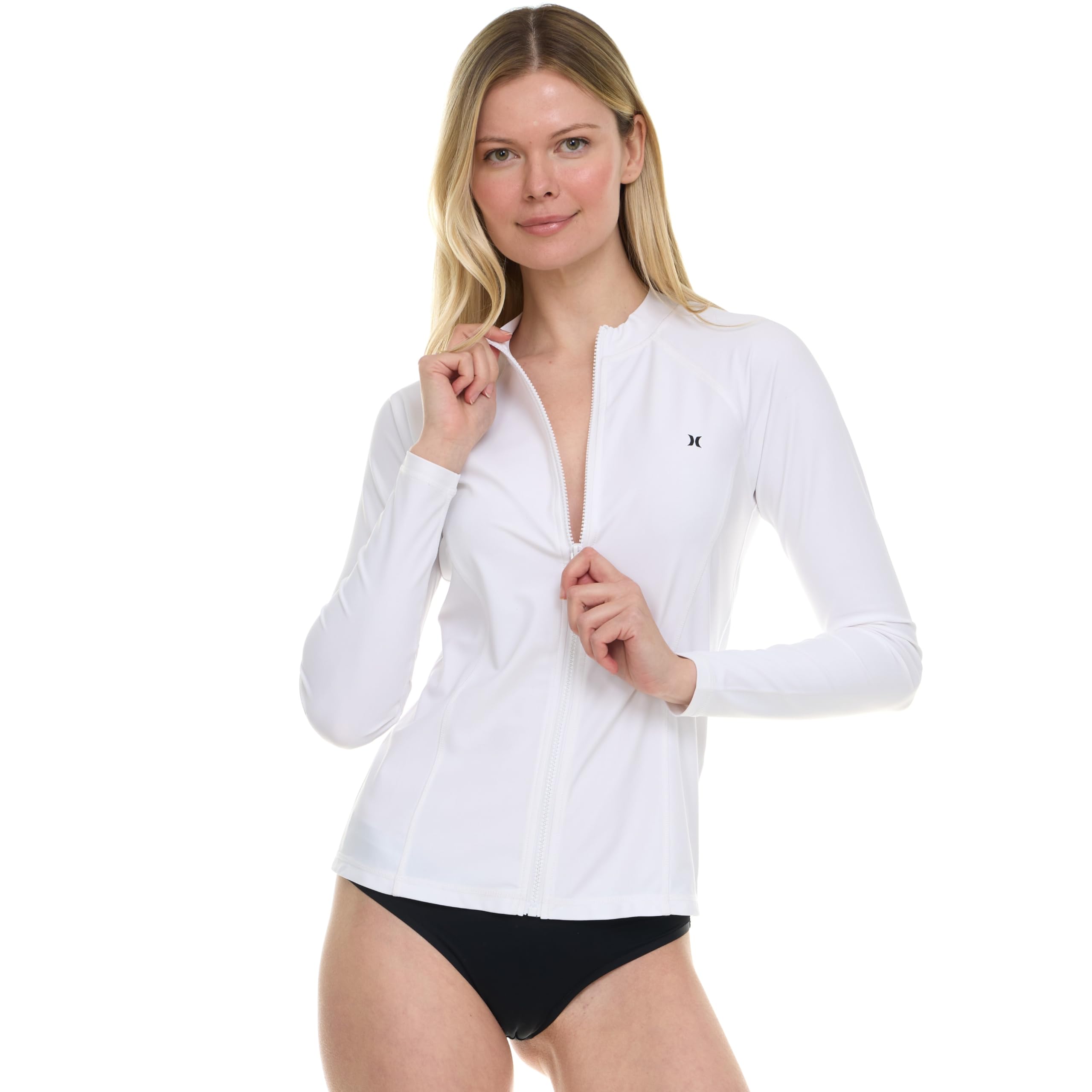 hurley rash guard for women full zip, zip up long sleeve swim shirts for women, surfing top upf 50+ spf sun & uv protection white