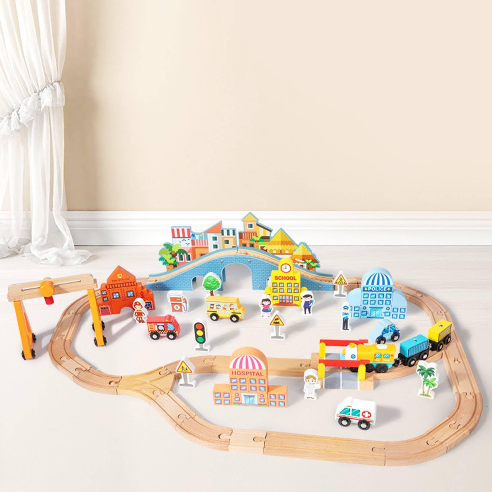 Kinder Holz Spielzeugzug Set Holzeisenbahn Zugstrecke Schienenset Zubehör Elektrisch Kreativset Kombinierbar Rollenspiel Welt Fördert Feinmotorik für