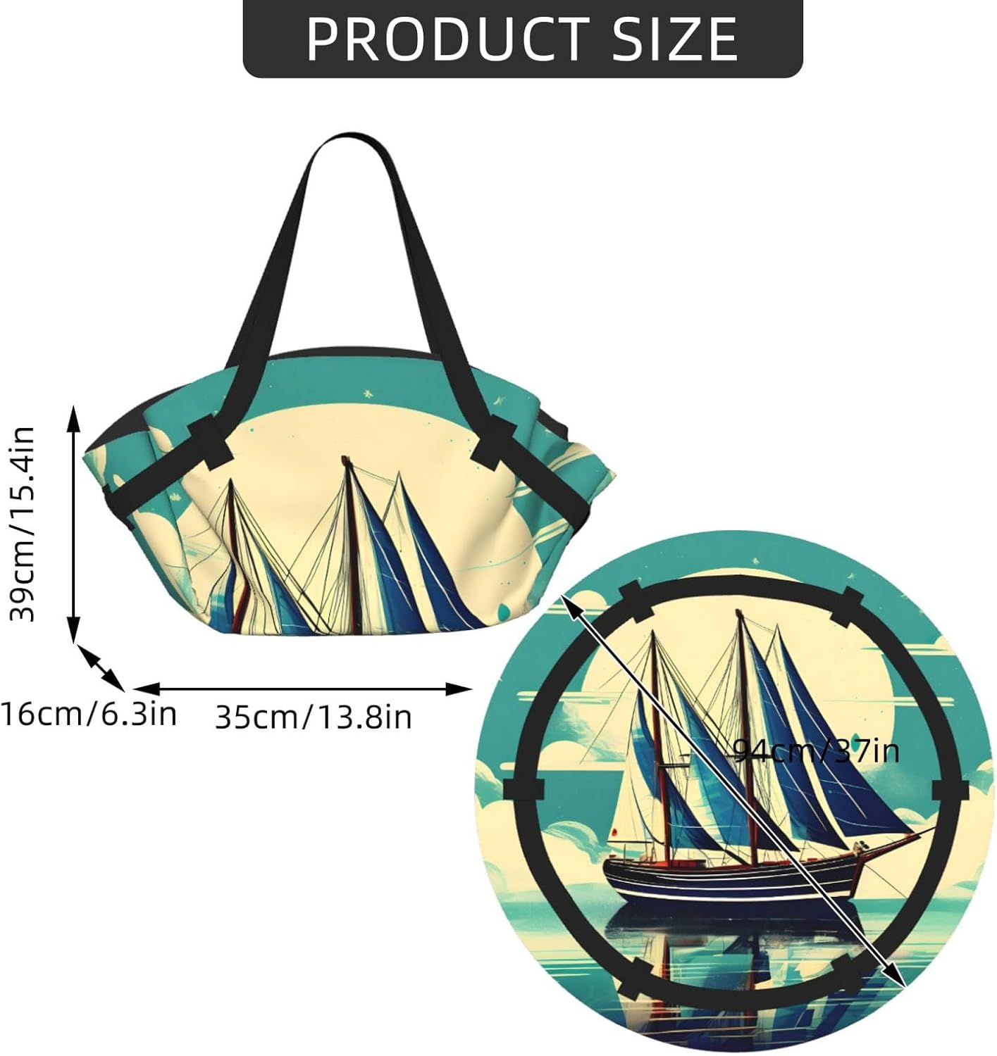 Foldable Sailboat Ship Landscape Print 2-in-1 Portable Picnic Blanket Tote Bag Outdoor Camping Beach Park Mat