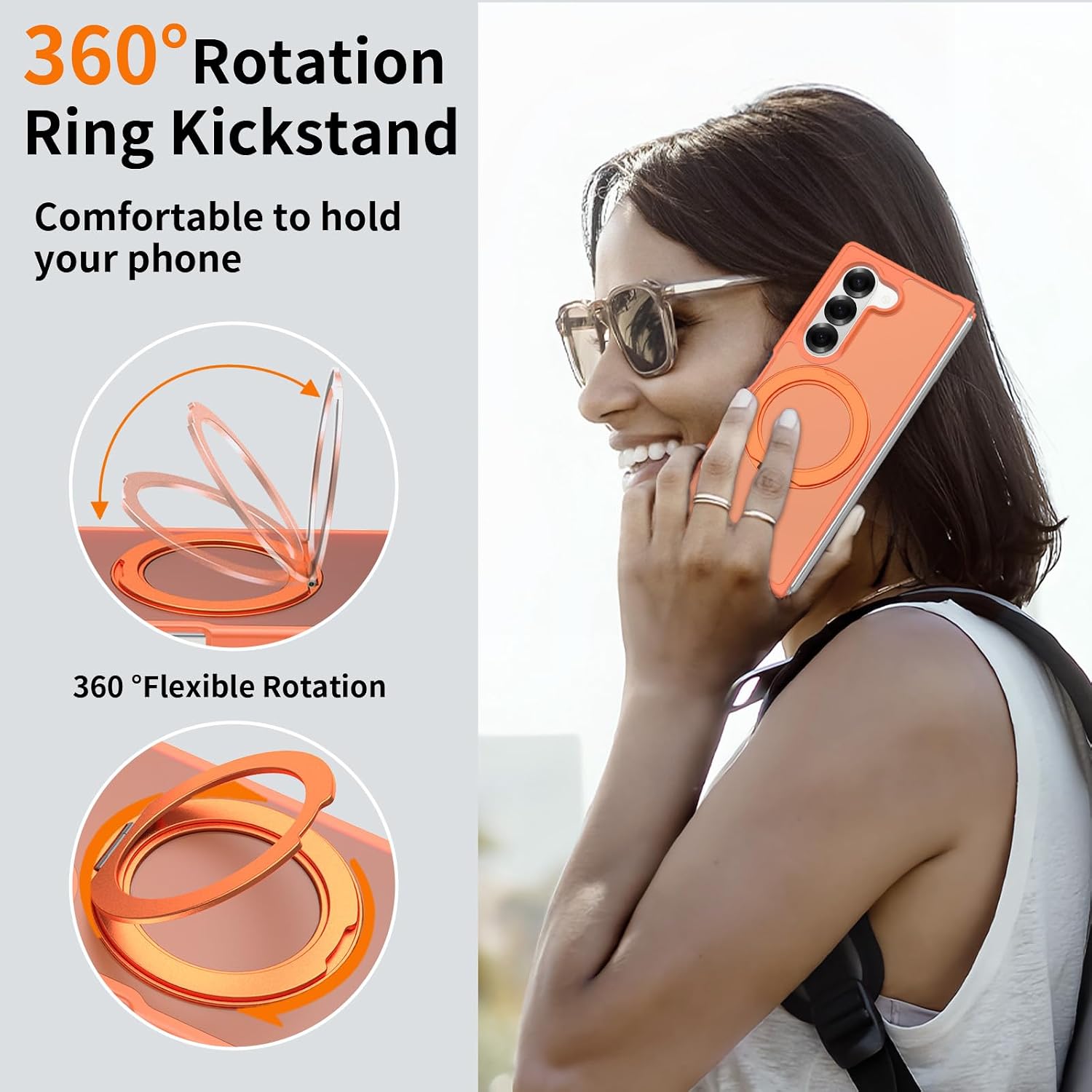 Magnetic Case for Samsung Galaxy Z Fold6, 360-Degree Rotating Stand, Soft-Touch Finish, Wireless Charging Support, Shock-Absorbing Protection (Orange)