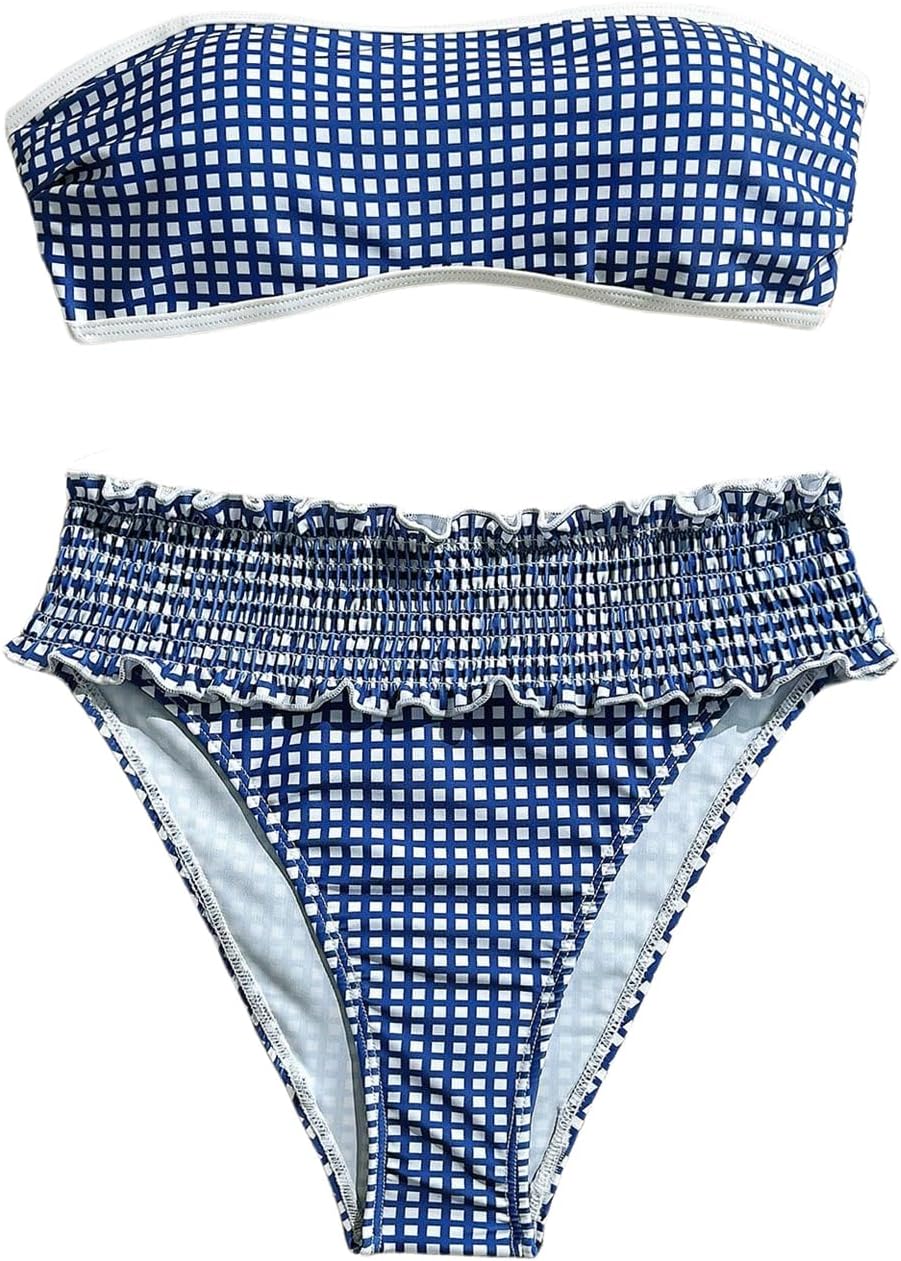 GORGLITTER Women's Gingham Strapless High Waisted Bikini Sets Cute Bandeau Two Piece Swimsuit Smocked Bathing Suit