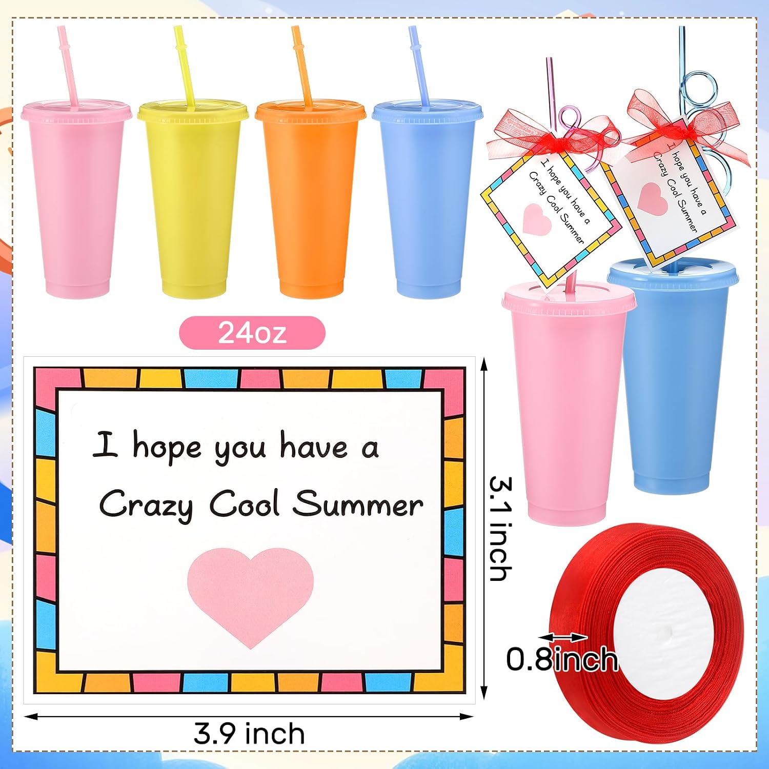 Skylety 24 Sets End of Year Students Gift from Teacher Plastic Tumbler with Lid and Straw Crazy Summer Cards for Classroom School Student End of Year Graduation Gifts