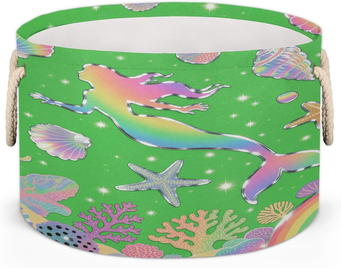 Large Storage Baskets - Rainbow Mermaid Nursery Round Collapsible Organizer Bin Box, Laundry Hamper for Kids Toys, Blanket, Bedroom Living Room Home Decor, Gift Basket - 19.4"x13.3"