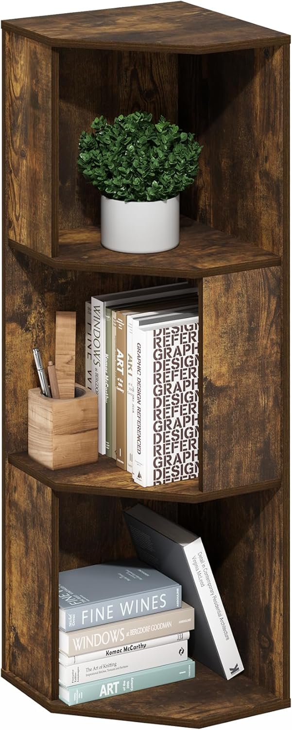 Furinno ECON Corner Shelf, 3-Tier Corner Book Shelf, Standing Storage Shelves, Cube Display Rack, Bookshelf, for Organization and Storage, Living Room, Home Office, Amber Pine