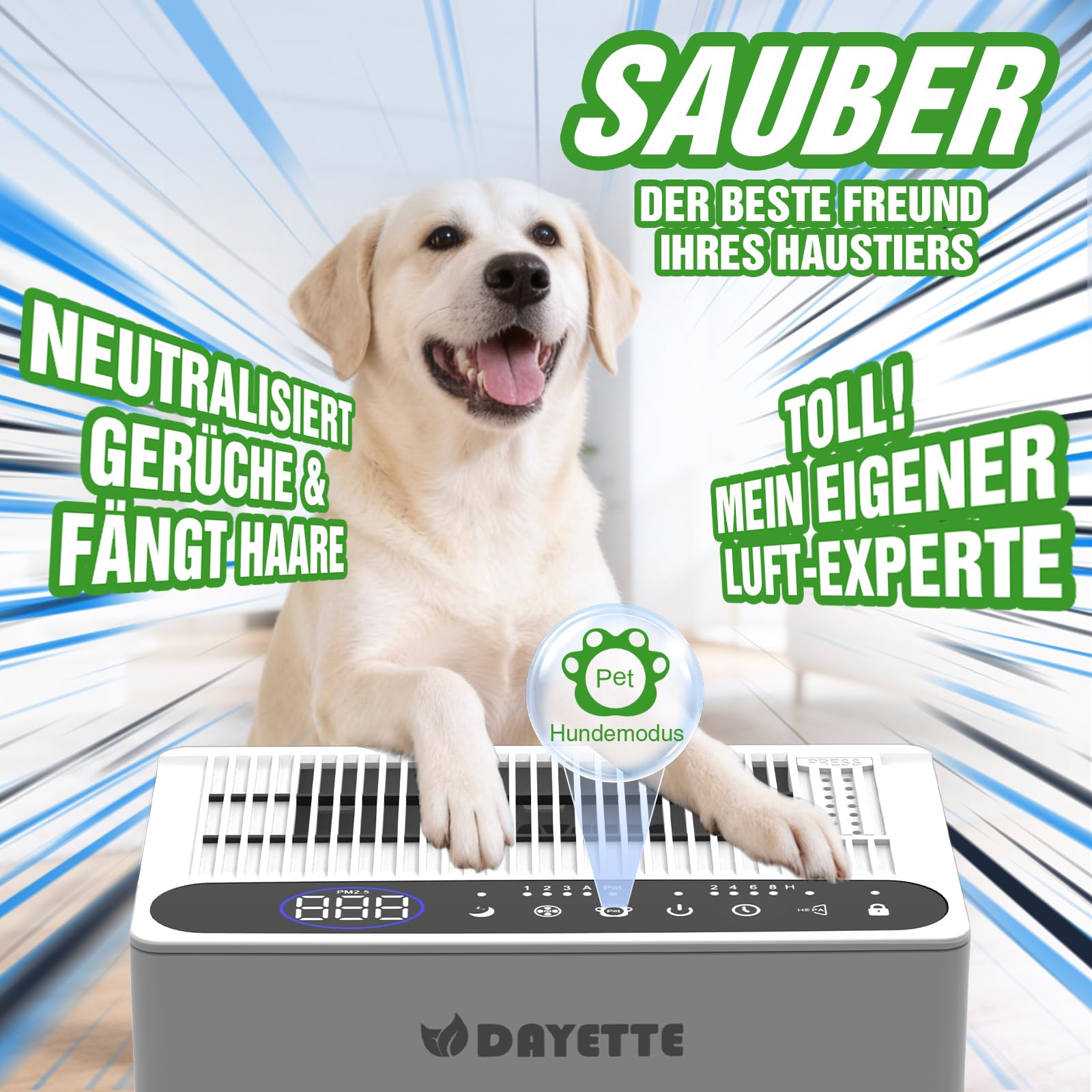 Luftreiniger für Allergiker und Raucherzimmer, HEPA H14 Filter mit waschbarem Vorfilter gegen Staub, Pollen, Tierhaare und Gerüche, CADR 300m³/h, Nachtmodus <22dB, inkl. 3 Duftpads