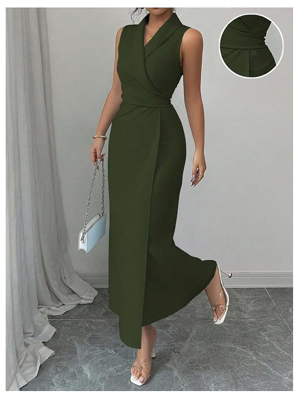 OYOANGLE Women's Wrap Sleeveless Belted Flared Maxi Dress Olive Green by OYOANGLE - Used condition - Image 2