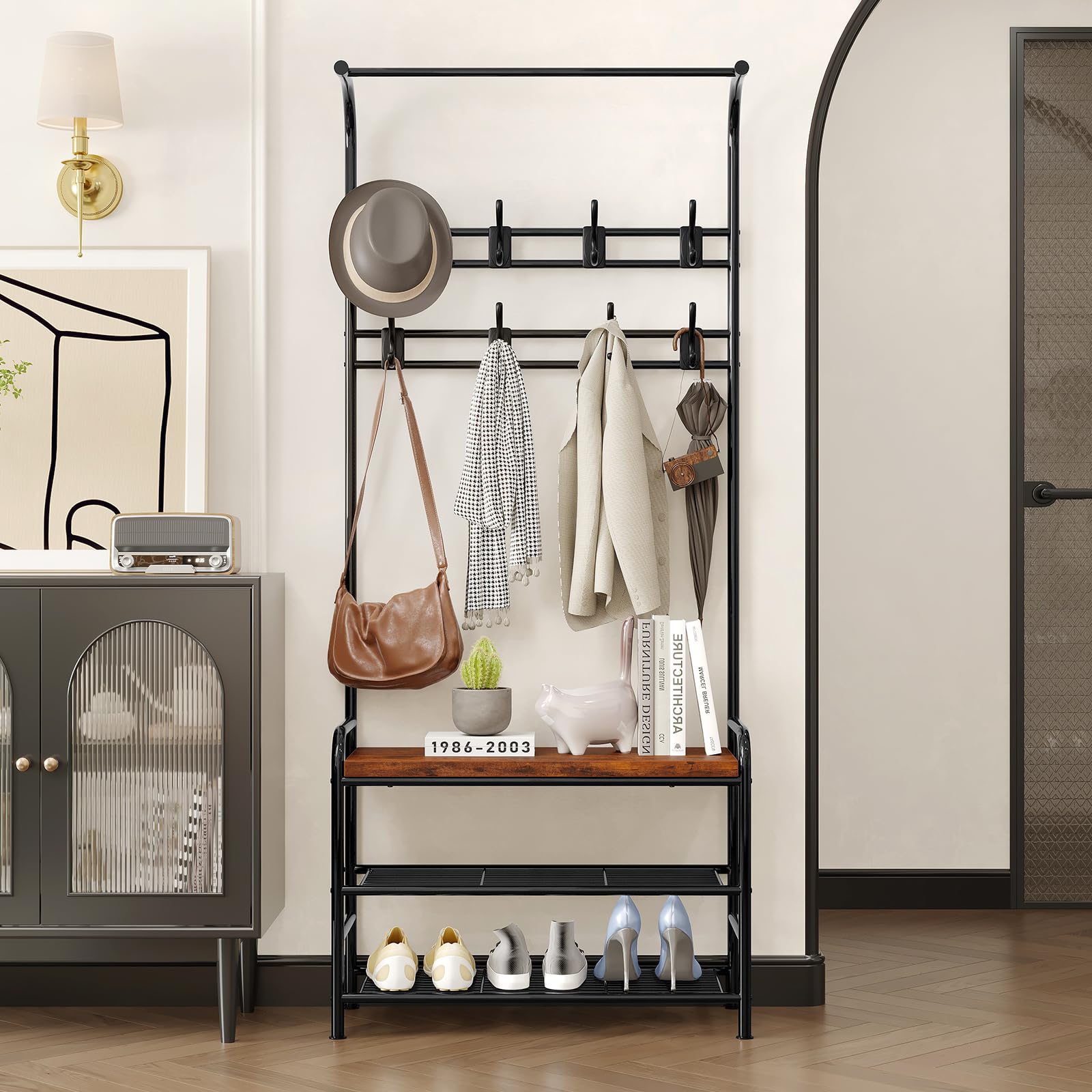 GarveeMore Industrial Hall Tree with Shoe Bench, 3-in-1 Coat Rack Organiser
