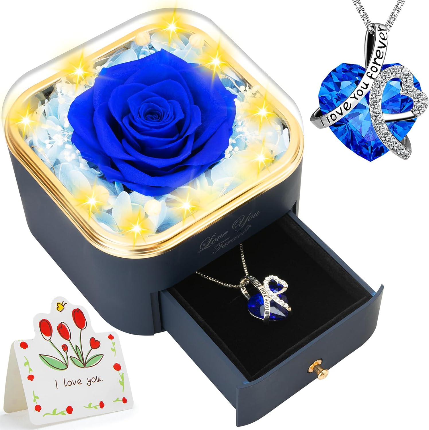 Preserved Blue Real Rose with Heart Necklace for Mom Her Women Wife Girlfriend Grandma Gifts Idea on Christmas Valentines Mothers Day Christmas Anniversary Romantic-Blue