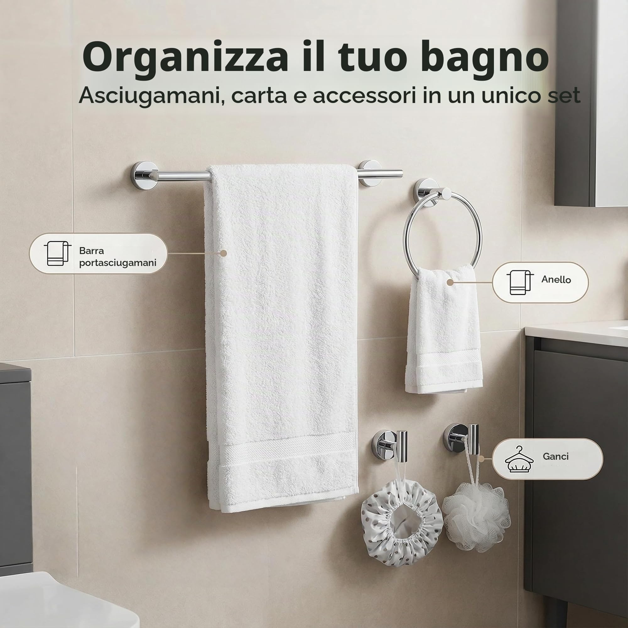 Set di accessori da bagno cromati, 5 pezzi in acciaio inox SUS304, portasciugamani da 61 cm, porta carta igienica, anello per asciugamani, ganci per accappatoio, accessori da bagno a vite per bagno