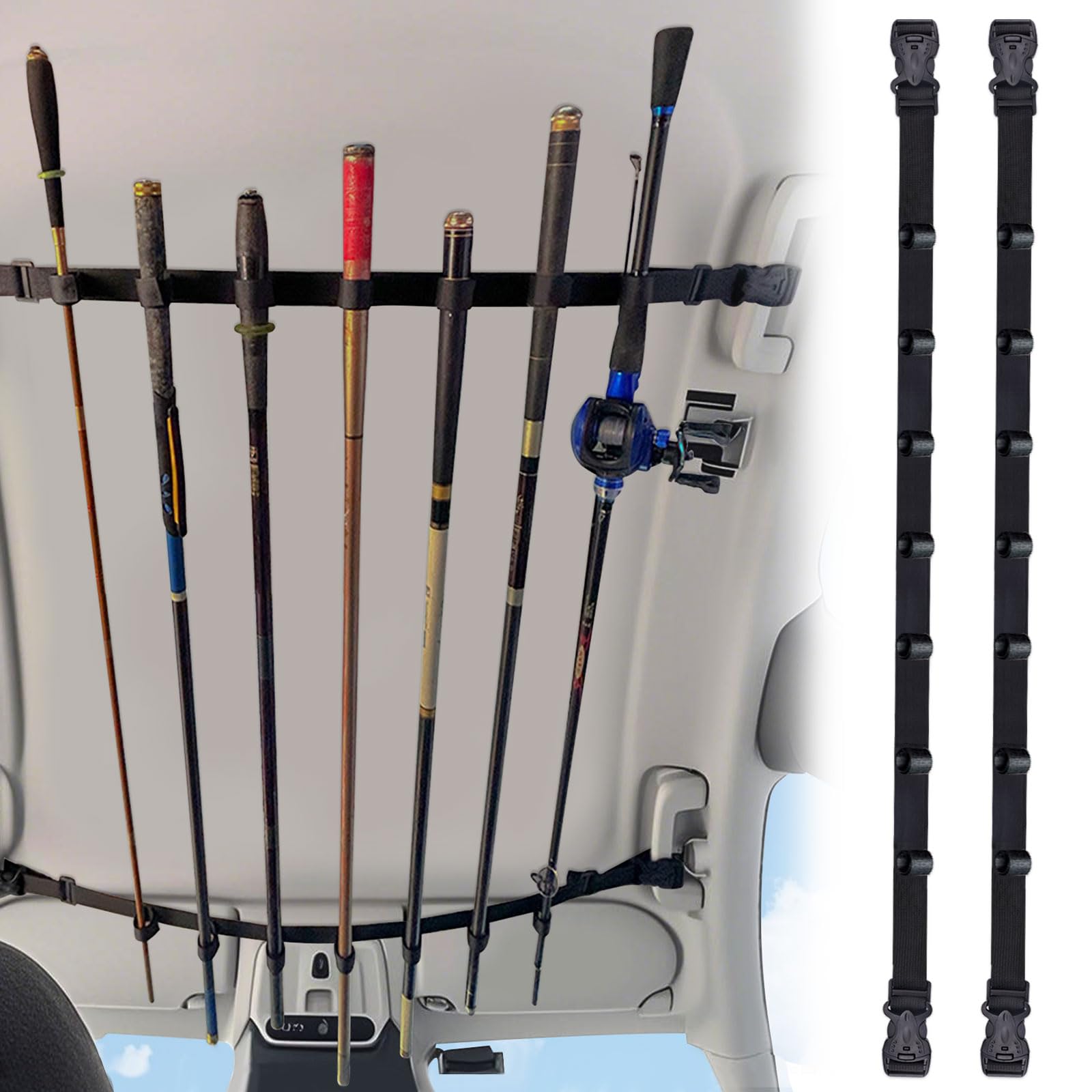 Diakey 7 Rod Fishing Rod Holder for Truck, Car Fishing Pole Storage Roof Rack for Vehicle SUV Wagon Van Jeep Carrier, 80-130cm Adjustable with 3-Point Buckle, 2 Pack