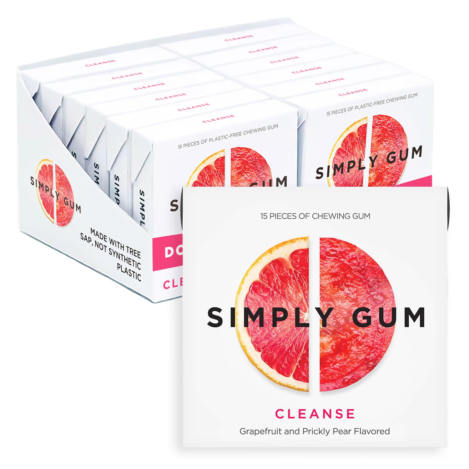 SIMPLY Gum Cleanse (Grapefruit and Prickly Pear), Plastic-Free Natural Chewing Gum, 12 Pack (180 Pieces) | Vegan, Kosher, Non GMO, Aspartame Free and Sorbitol Free