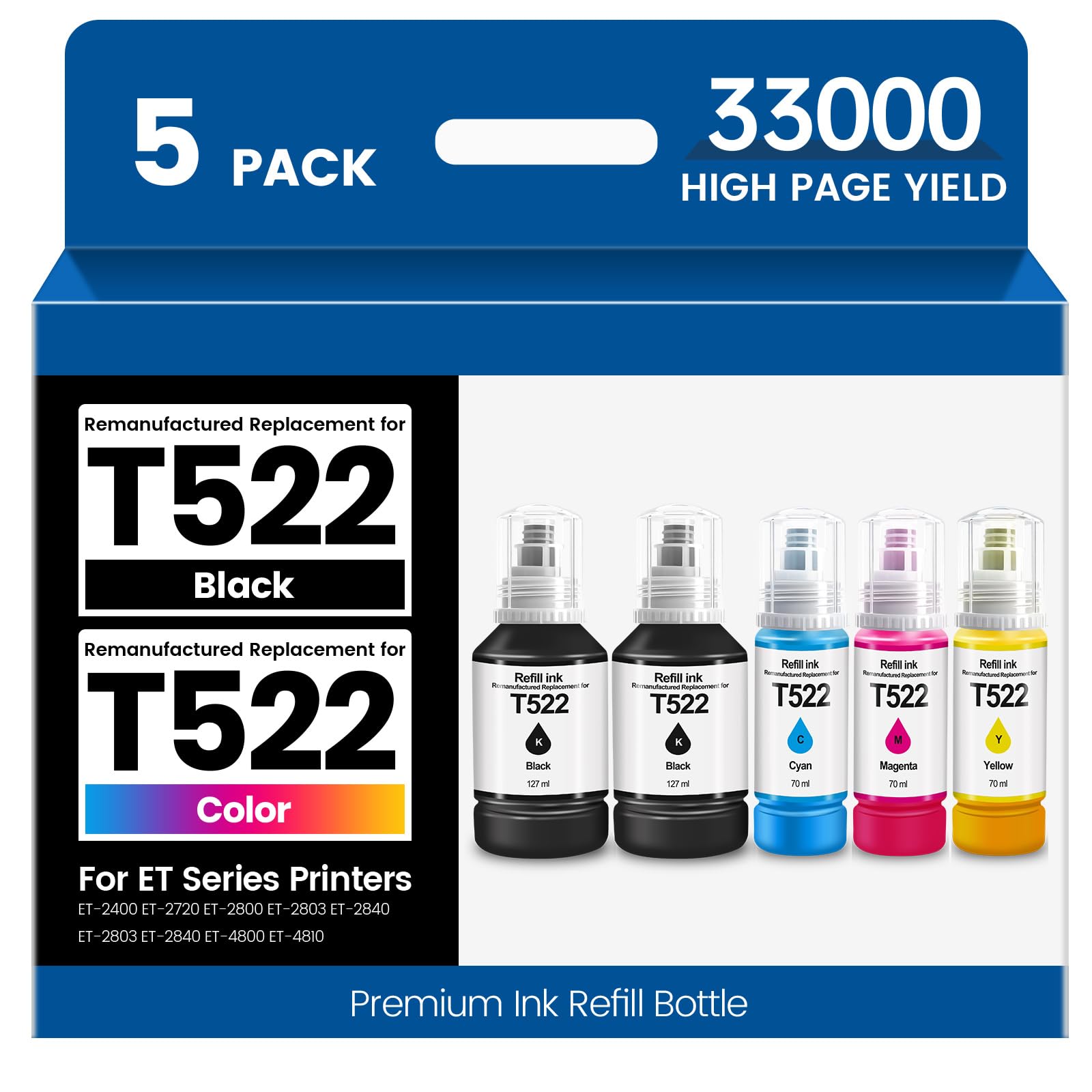 T522 Replacement for 522 High Capacity ET-2800 Ink Refill Bottles for Epson