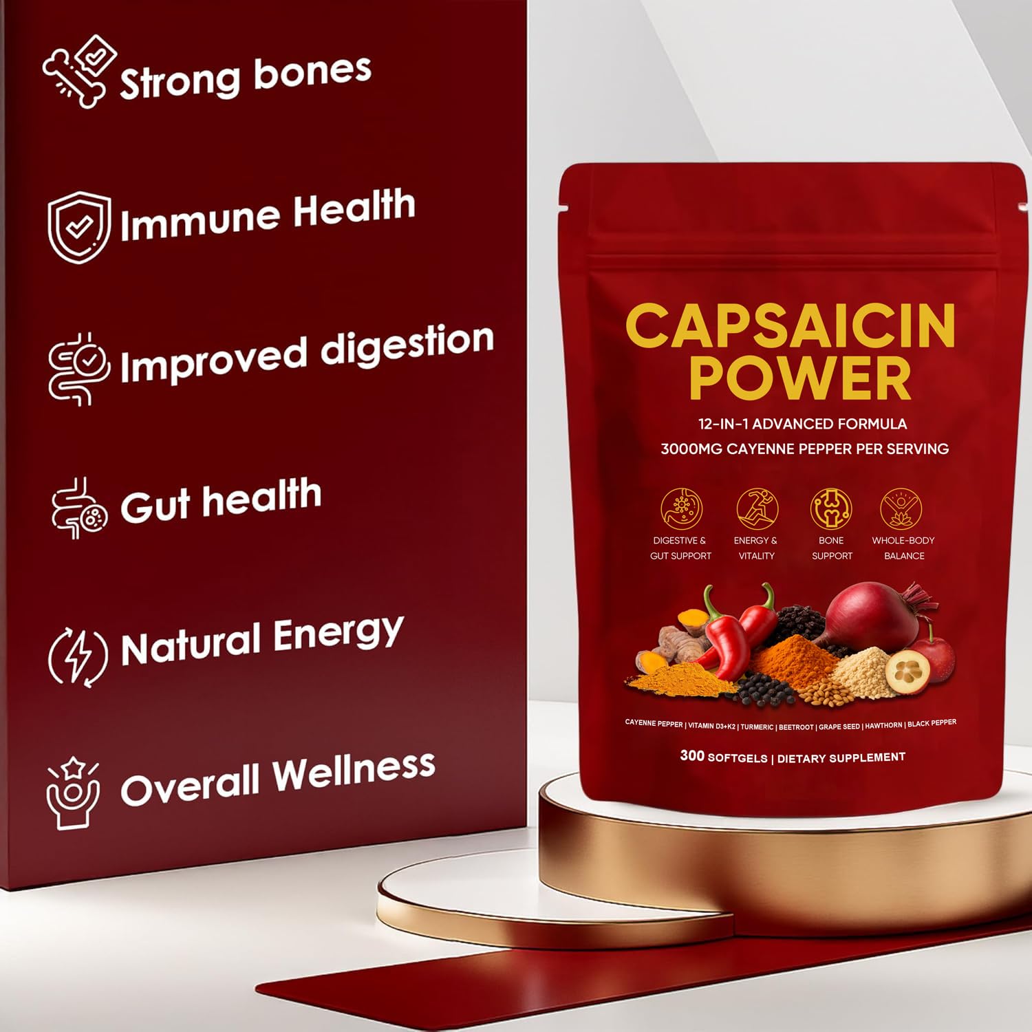 Capsaicin Power - Cayenne Pepper Capsules Supplement, Supports Leg Vein, Circulation & Daily Energy, with Vitamin D3+K2, Beetroot, Grape Seed and Other Extracts, 300 Capsules (1) — Amazon image 5