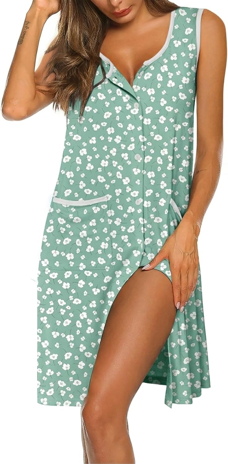 Ekouaer Nightgowns for Women Button Down Sleep Shirts Tank Sleeveless Nightshirt Soft Sleepwear with Pockets