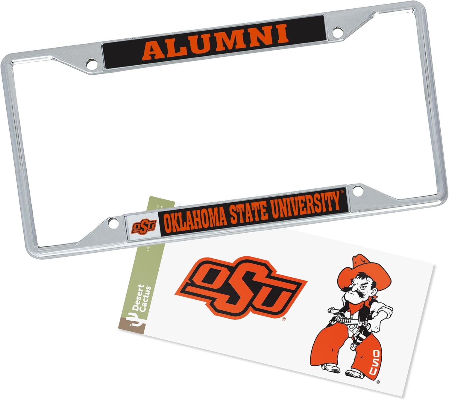Desert Cactus Oklahoma State University License Plate Frame Metal Car Tag Holder and Sticker for Front or Back of Car Officially Licensed (Alumni Sticker Black Frame Combo)