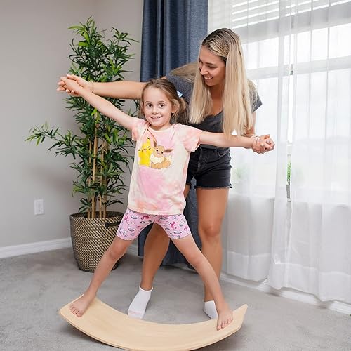 Miniatura 6 de Tabla de equilibrio para niños, tabla tambaleante de 33 pulgadas, tabla de equilibrio de madera para niños pequeños, juguete de aprendizaje de