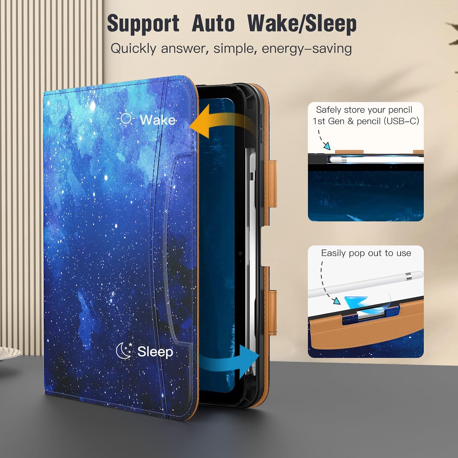 MoKo for iPad A16 Case 11-inch, iPad 11th/10th Generation Case (2025/2022) with Pencil Holder & Pocket, Premium PU Leather Folio Stand Cover, Multiple Viewing Angles, Blue Starry Sky