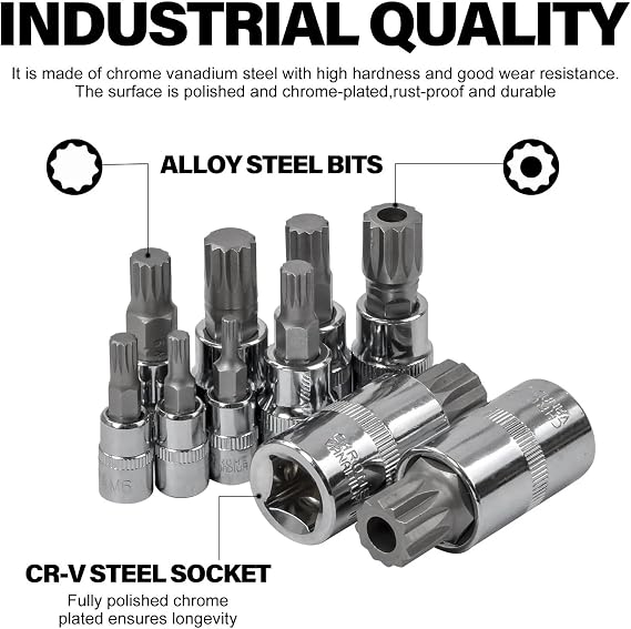 10pcs Spline Socket Set, M4-M18 1/4,3/8,1/2 XZN Triple Square Bit Socket Set Cr-V Sockets and S2 Steel Bits for Home, Workshop Repairs