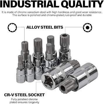 10pcs Spline Socket Set, M4-M18 1/4,3/8,1/2 XZN Triple Square Bit Socket Set Cr-V Sockets and S2 Steel Bits for Home, Workshop Repairs