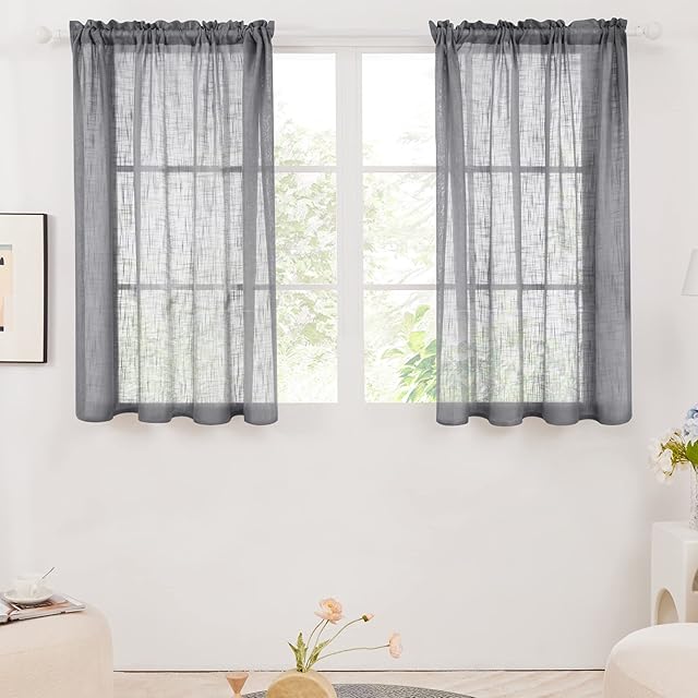 Deconovo Home Decoration Net Curtains Faux Linen Rod Pocket Sheer Net Curtains for Bedroom 55 x 54 Inch Grey 2 Panels