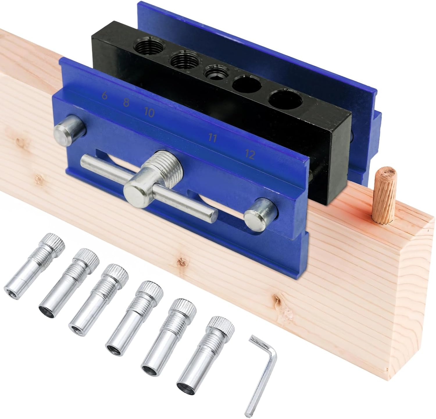 Self-Centering Adjustable Doweling Jig for Straight Hole Drilling, Blue Aluminum Woodworking Guide, Precision Tool with Multiple Drill Sizes