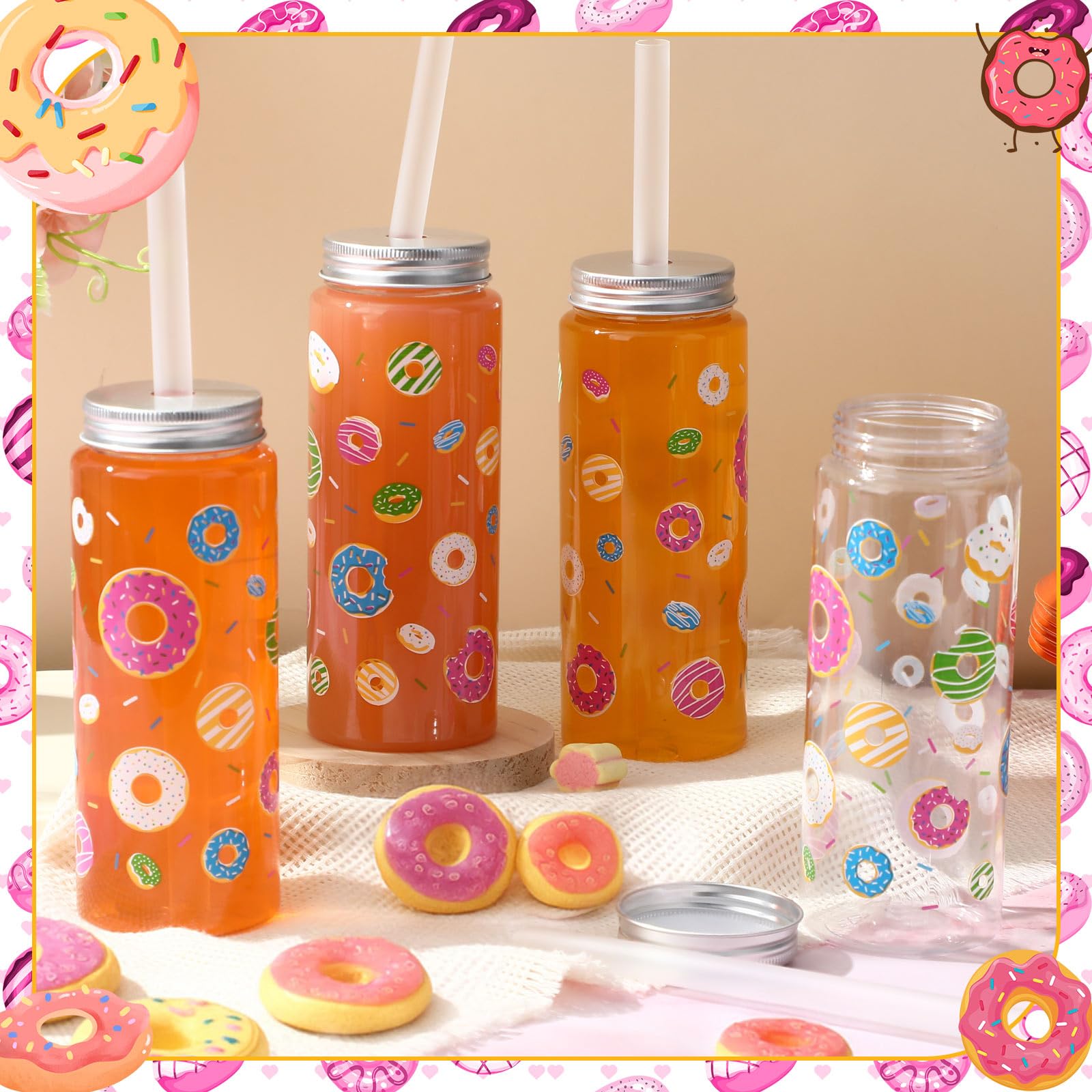 LemonRoad 24 Stück Kunststoffbecher mit Deckel und Strohhalm, 400 ml, wiederverwendbar, Motto-Party-Dekorationen, Becher, Bierdose, Eiskaffeebecher für adrette Party-Dekoration (Donut)