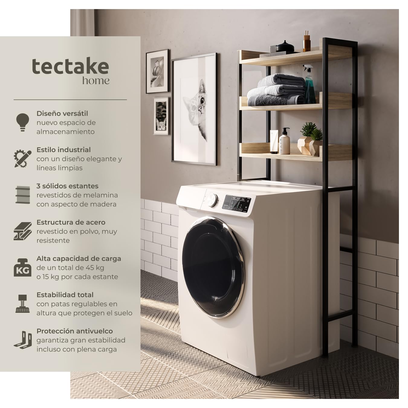 tectake® Estanteria baño de Estilo Industrial, Tres Estantes, Compacto, Ajustable, Antivuelco, Montaje Rápido, Estanterias Almacenaje, Mueble Baño - 165,5x25x67cm Madera Industrial Clara, Roble Sonoma