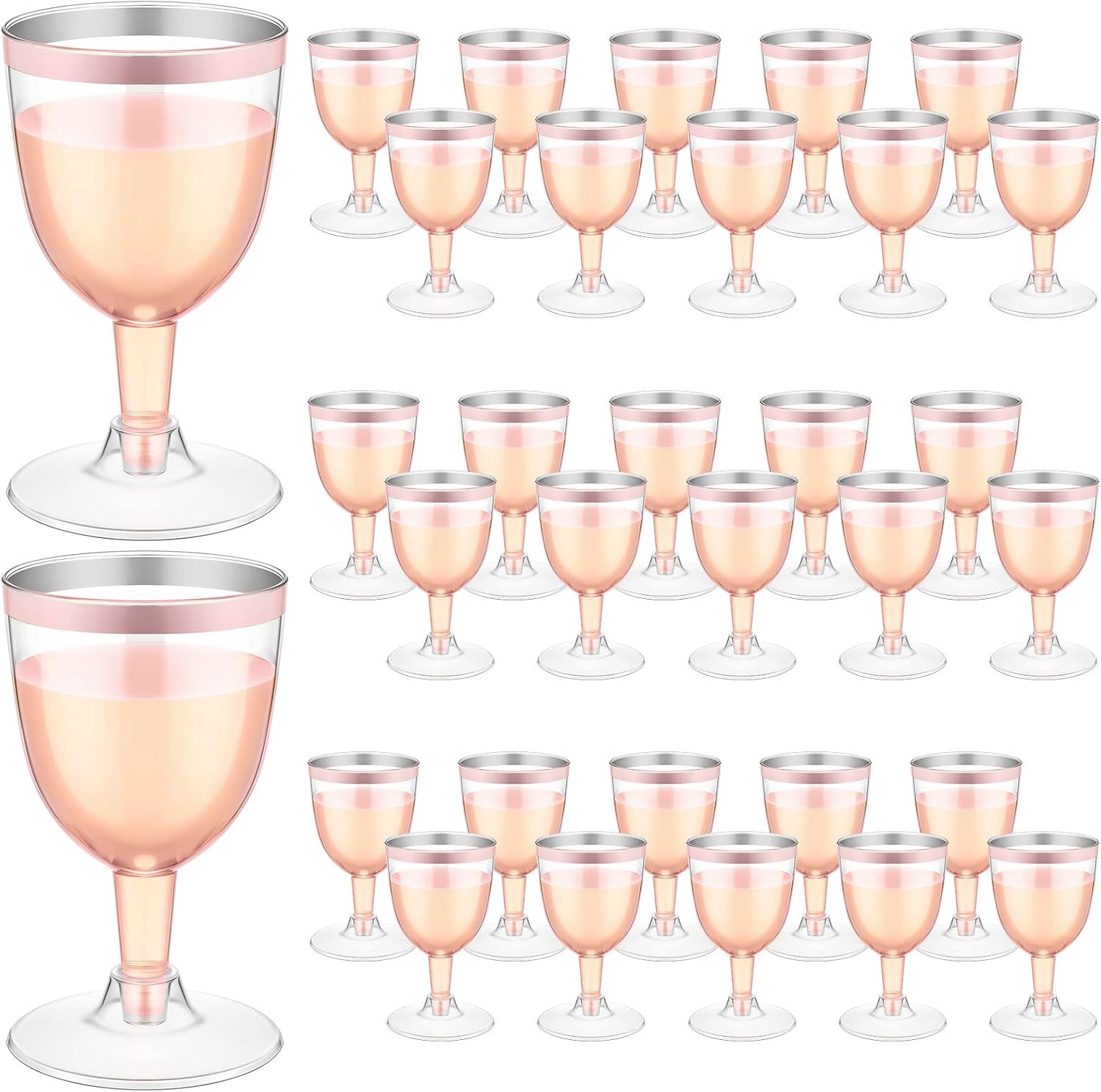 Thenshop 50 Pack 5 oz Plastic Champagne Flutes Clear Disposable Wine Glasses Cups with Stem Reusable Goblets Shatterproof Cocktail Cups for Mother's Day Wedding Party Holiday Dessert(Rose Gold Rim)