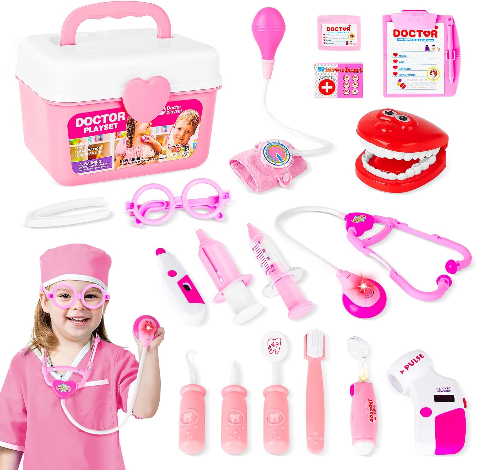 deAO Doctors Set for Kids, 2-in-1 Doctor and Dentist Play Set with Lights, Sounds, Pretend Role Play Medical Carry Case Toys for 3+ Kids Boys Girls