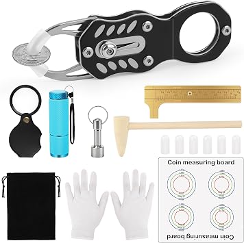 Pletpet 16Pcs Silver Coin Tester Kit, Coin Ping Tester for Resonance Testing and Size Comparison, Magnifying Glass/Hammer/Keychain/Measuring Board/Caliper/Bag/UV Light/Gloves/Protective Covers