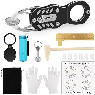 Pletpet 16Pcs Silver Coin Tester Kit, Coin Ping Tester for Resonance Testing and Size Comparison, Magnifying Glass/Hammer/Keychain/Measuring Board/Caliper/Bag/UV Light/Gloves/Protective Covers