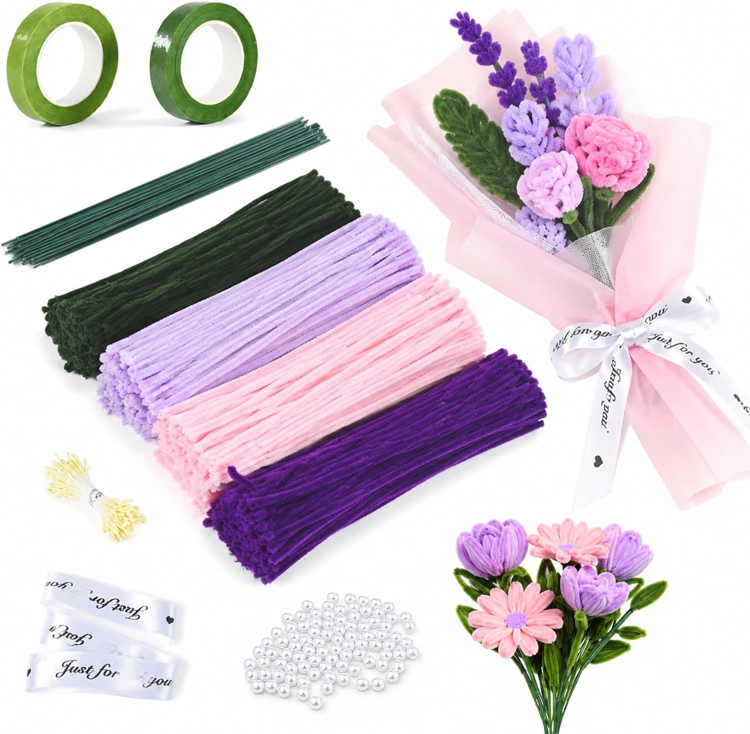 Carehabi 400 Piece Pipe Cleaners Flower Set, Pipe Cleaners Flowers for Crafts, with Green Flower Sticks