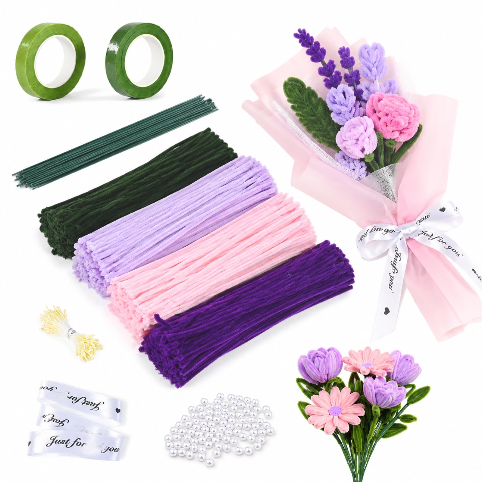 Carehabi 400 Piece Pipe Cleaners Flower Set, Pipe Cleaners Flowers for Crafts, with Green Flower Sticks