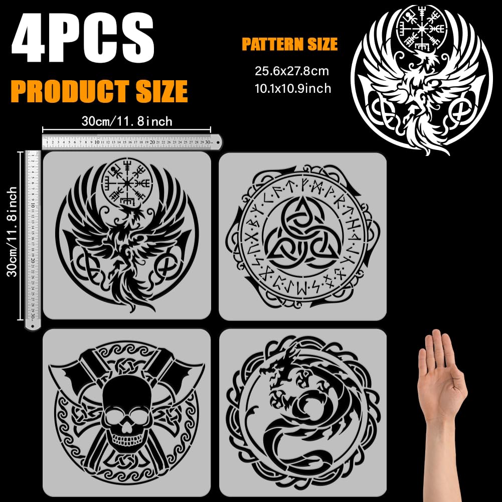 FINGERINSPIRE 4PCS Viking Pattern Stencil Set: 11.8x11.8 inch Viking Dragon, Phoenix, Skull, Knot Stencil for Painting on Wall, Wood, Fabric - Image 2