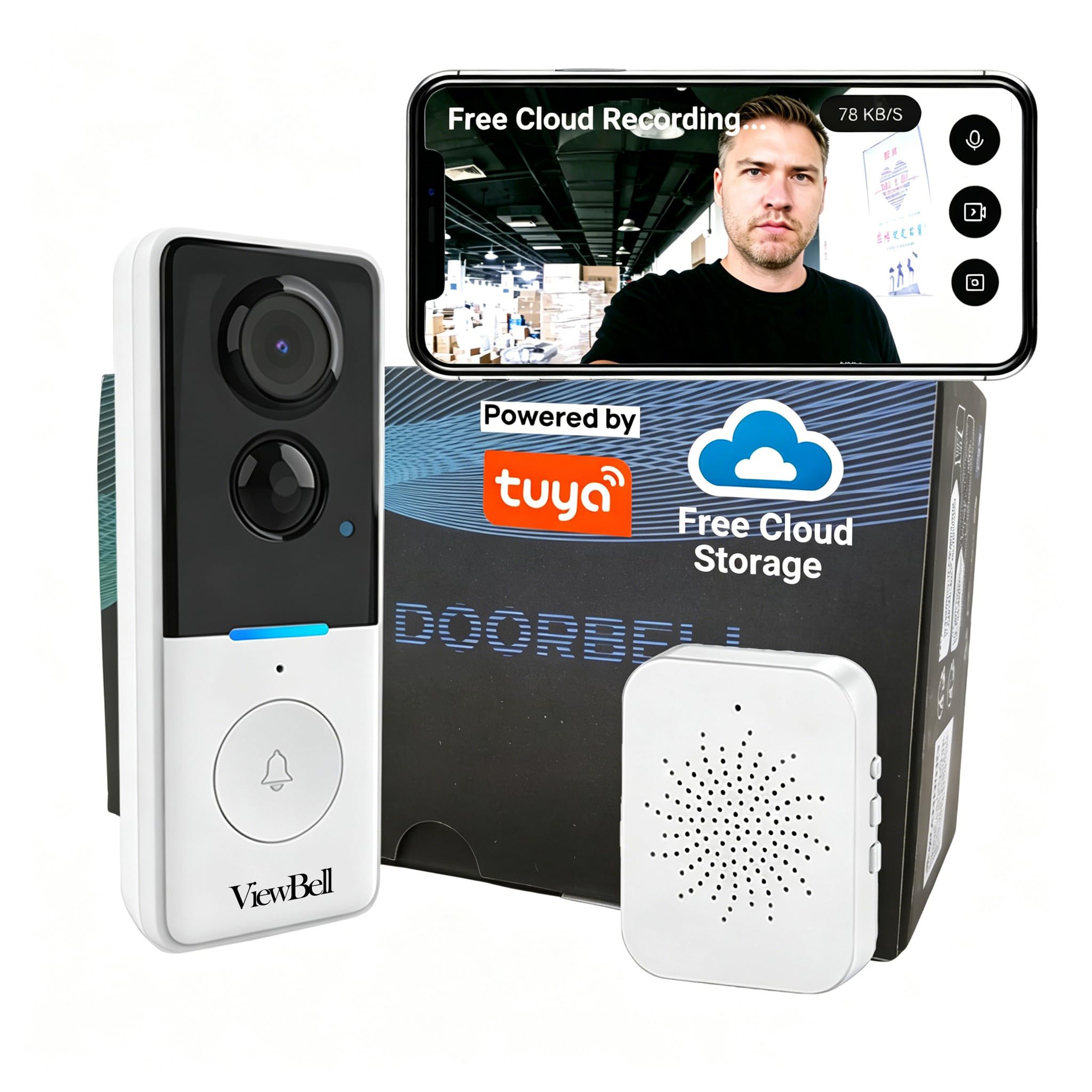 ViewBell Wireless Doorbell Camera with Lifetime Free Cloud Storage, No Subscription No Hidden Fees, AI Human Detection, 720P HD Night Vision, Two-Way Audio, Battery Powered, Tuya Smart APP (White)