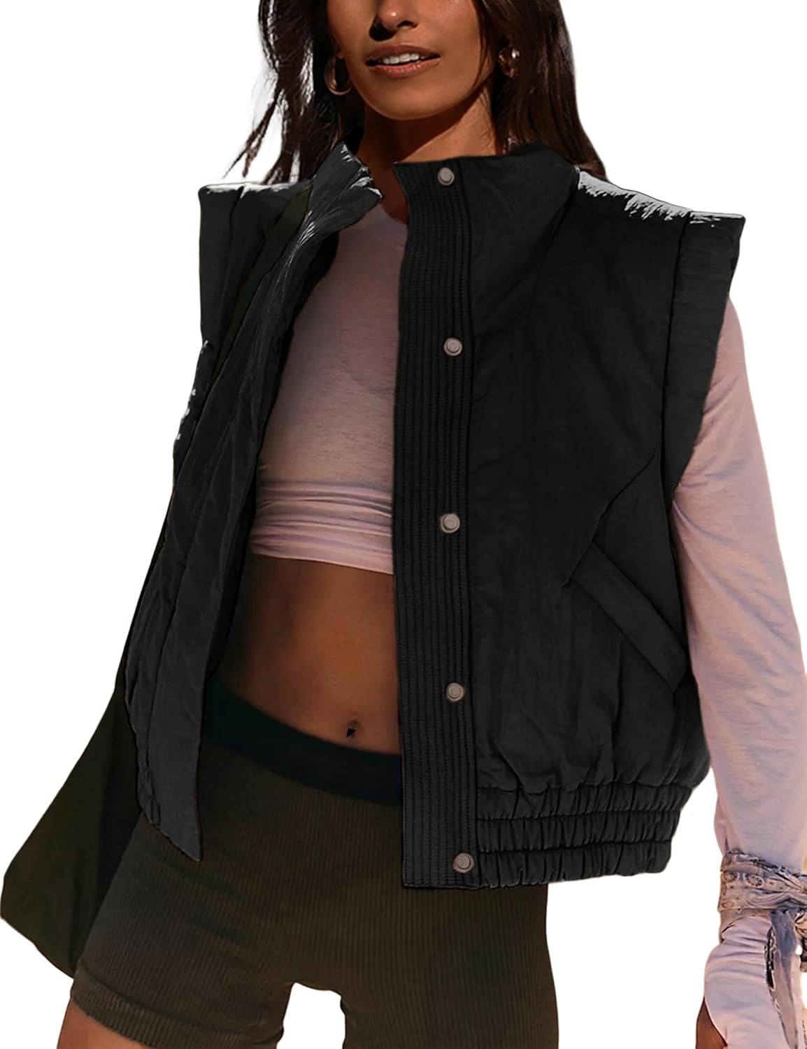 Lviefent Womens Puffer Vest Cropped Lightweight Button Down Quilted Vest Sleeveless Padded Gilet Coat with Pockets