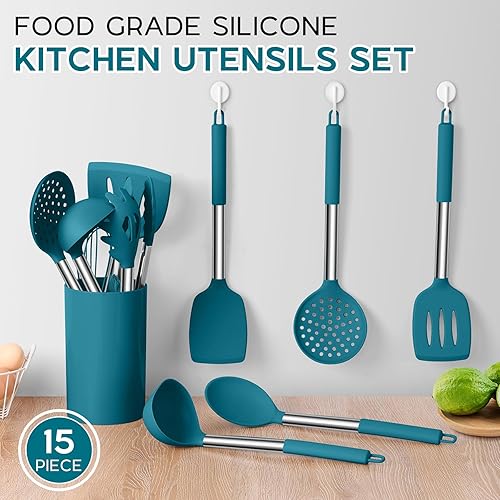 Miniatura 3 de Onader - Juego de utensilios de cocina de 15 piezas con soporte, espátula de silicona resistente al calor con mango de acero inoxidable, color azul
