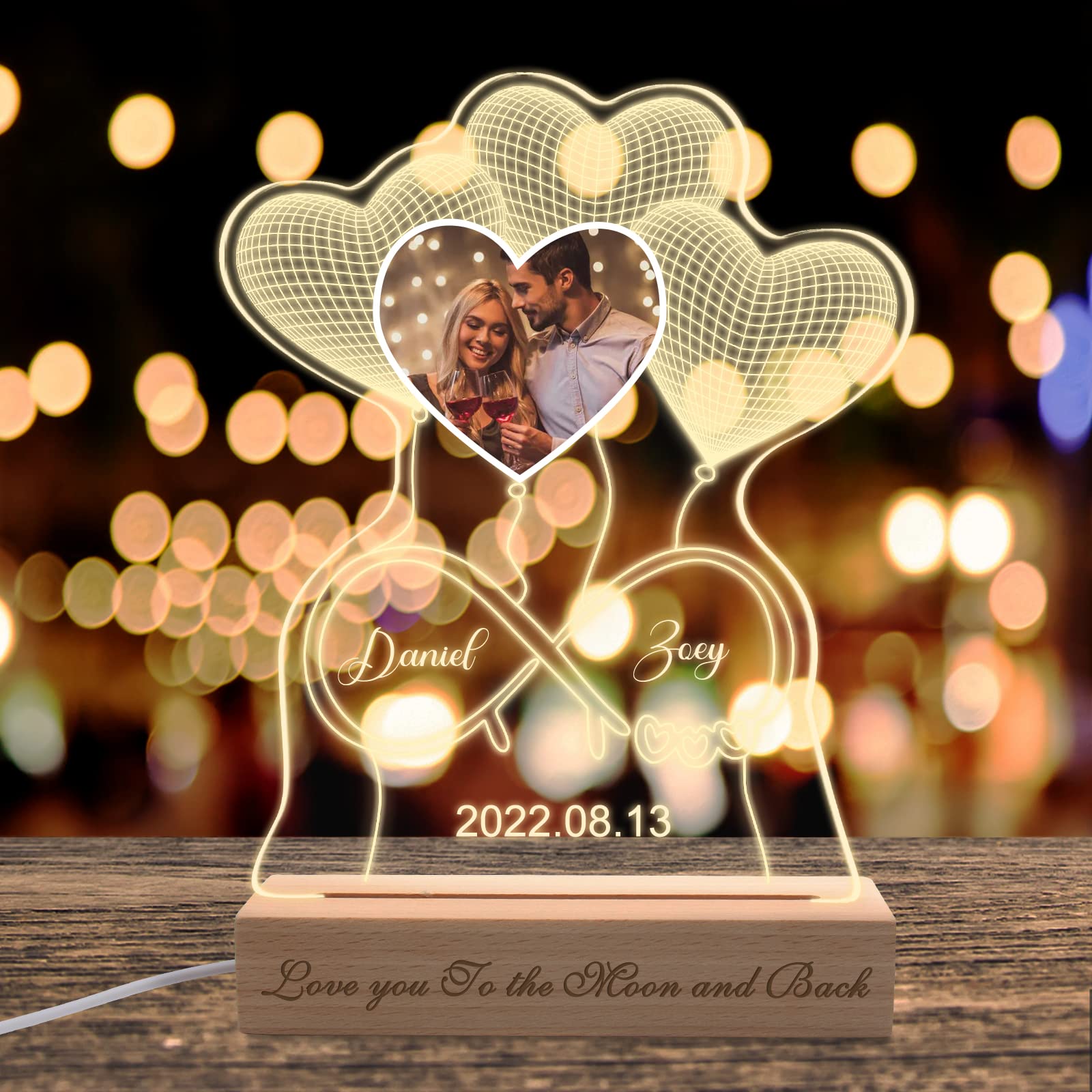 SRdrew Personalized Night Light with Photo, Custom Illusion 3D Acrylic Lamp Engraved Text Name Couples Valentines Day Gifts for Men Women Him Her