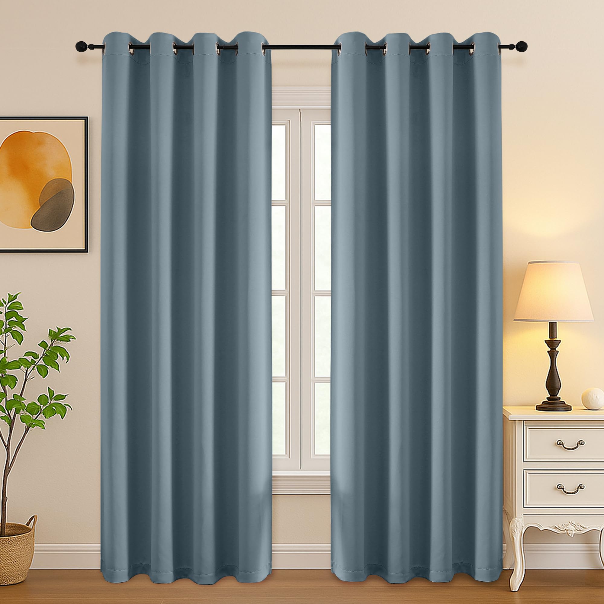 Simplebrand Stone Blue Room Darkening Curtains for Bedroom Living Room 84 Inch Length 2 Panels Set, Thermal Insulated Curtains &amp; Drapes, Solid Grommet Noise Reducing Window Treatment, W50 x L84 Inch