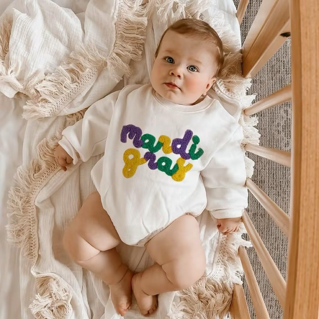 Honganda Baby Boy Girl Mardi Gras Romper Sweatshirt Letters Embroidered Bubble Onesie Fall Carnival Festival Holiday Outfit