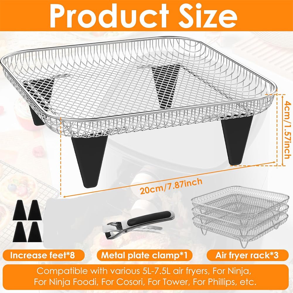 Estante cuadrado para freidora de aire de 3 capas, accesorios de parrilla de freidora de aire de 7.8 pulgadas, estante deshidratador de parrilla de acero inoxidable, cesta apilable para 4