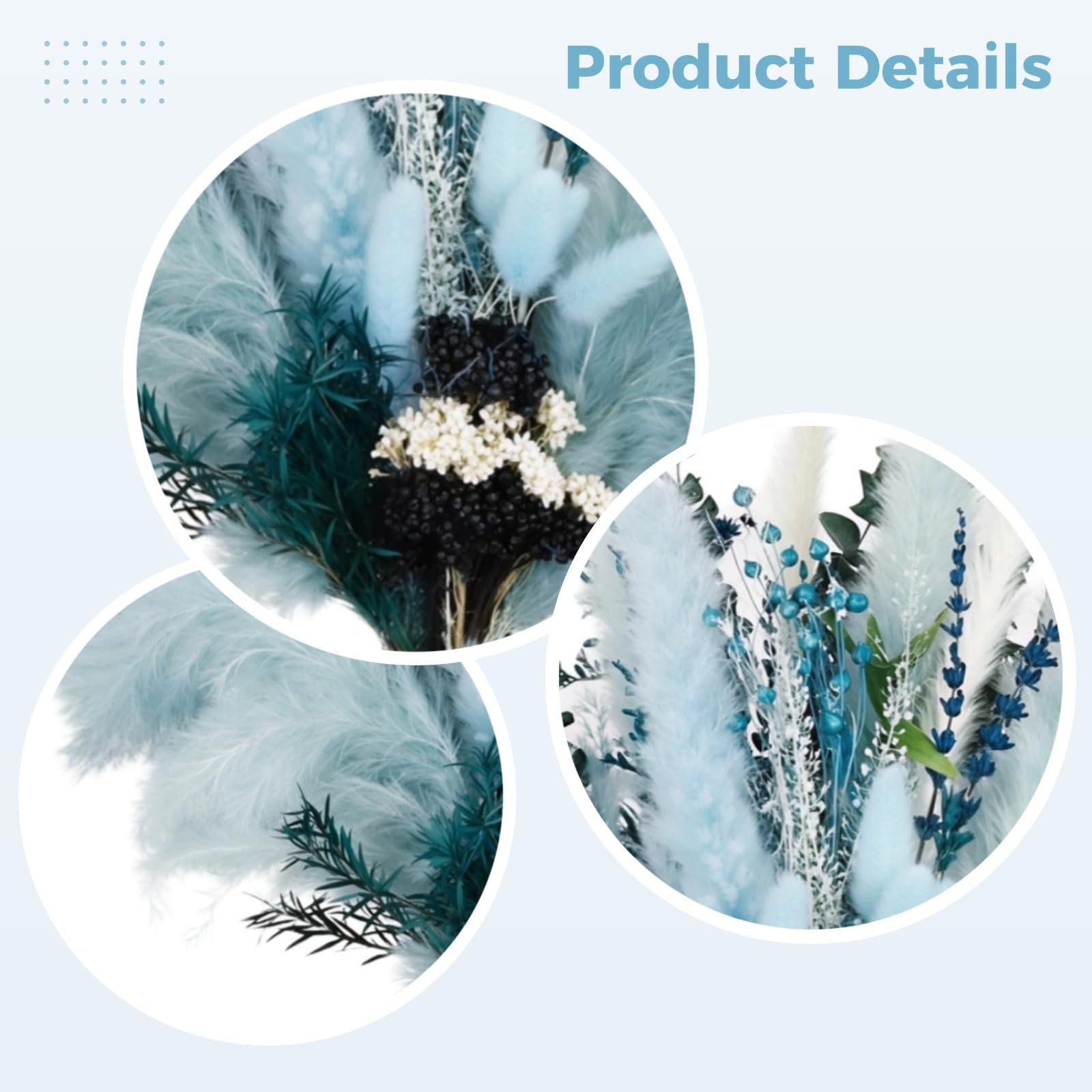 Blaues Pampasgras Deko, Trockenstrauß mit blauen Trockenblumen, 50 cm Stiele, passend für Hochzeit, Party und Boho Dekoration