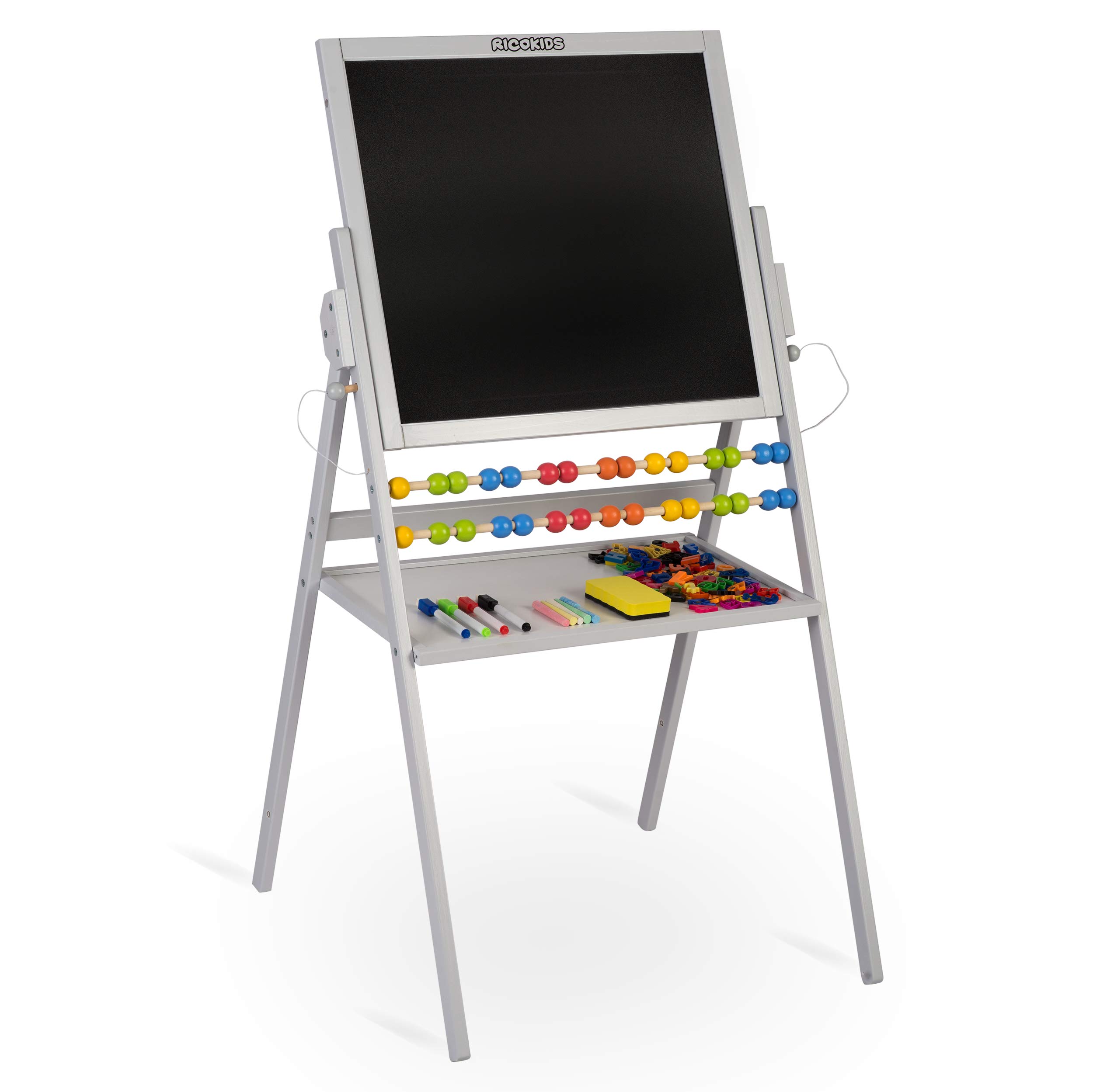 Ricokids Tablica Magnetyczna i Kredowa dla Dzieci - Tablica Dwustronna Obrotowa z Akcesoriami - Drewniana - 101 x 54 x 55 cm - Biała