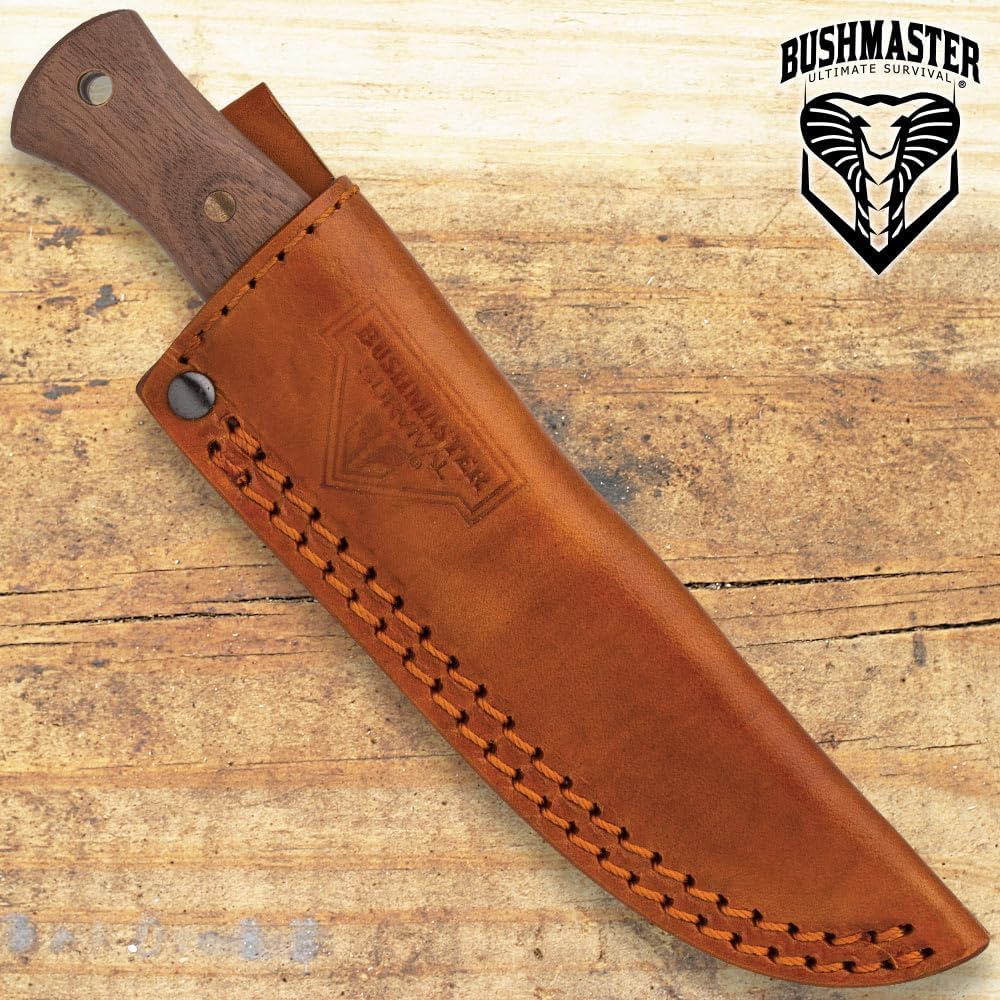 Bushmaster Bantam Bushcrafter Knife and Sheath | 2 7/8" 1095 Carbon Steel Blade | Zebra Wood Handle | Brass Pins | Full Tang Design | Premium Leather Belt Sheath | Overall Length 7"
