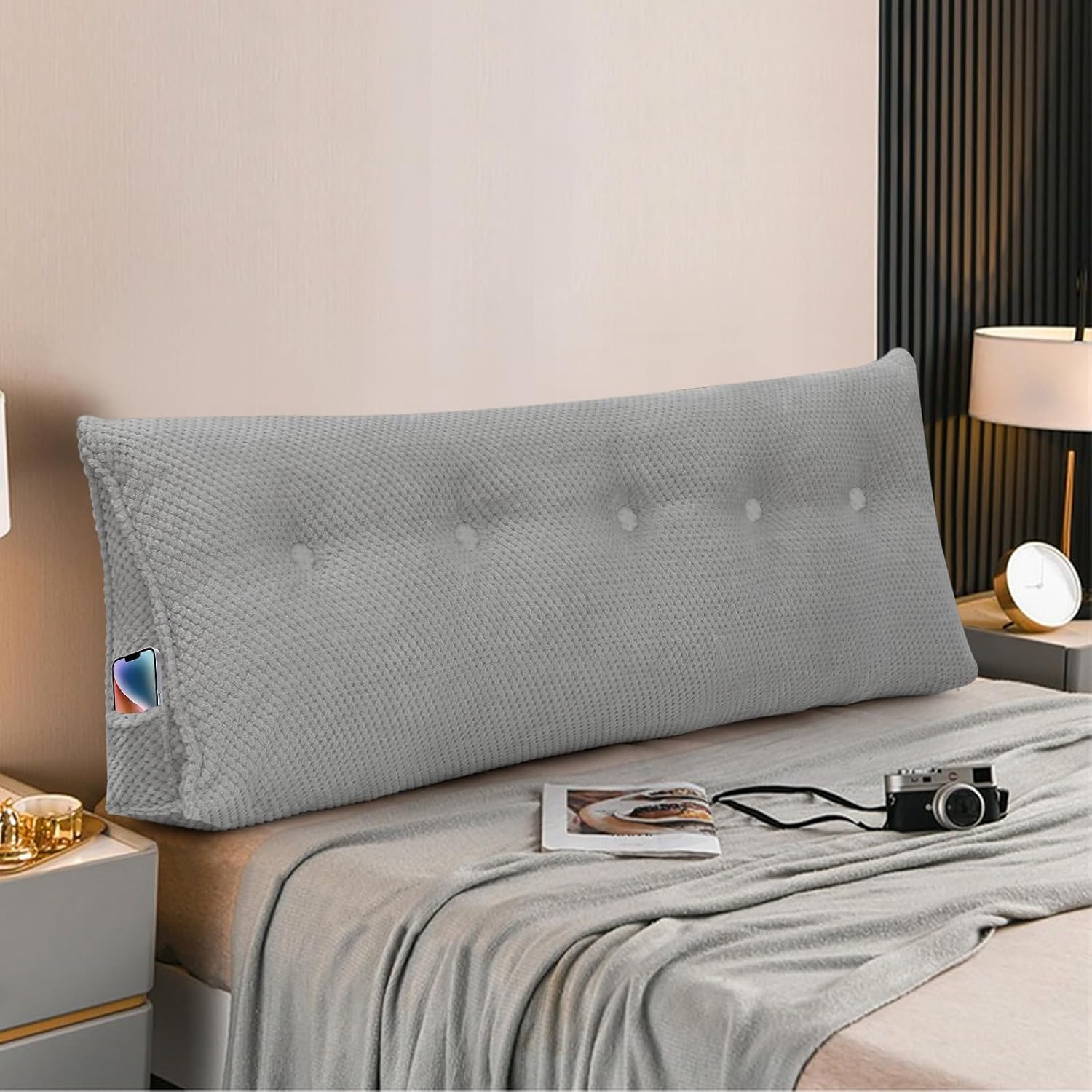 idee-home Triangular Headboard Pillow Queen, Day Bed Back Wege Pillow, Bolster Reading Back Rest Pillow Shredded Foam Insert Daybed Backrest Positioning Support Cushion Large with Washable Cover Queen: 59x8x20 Inches Grey