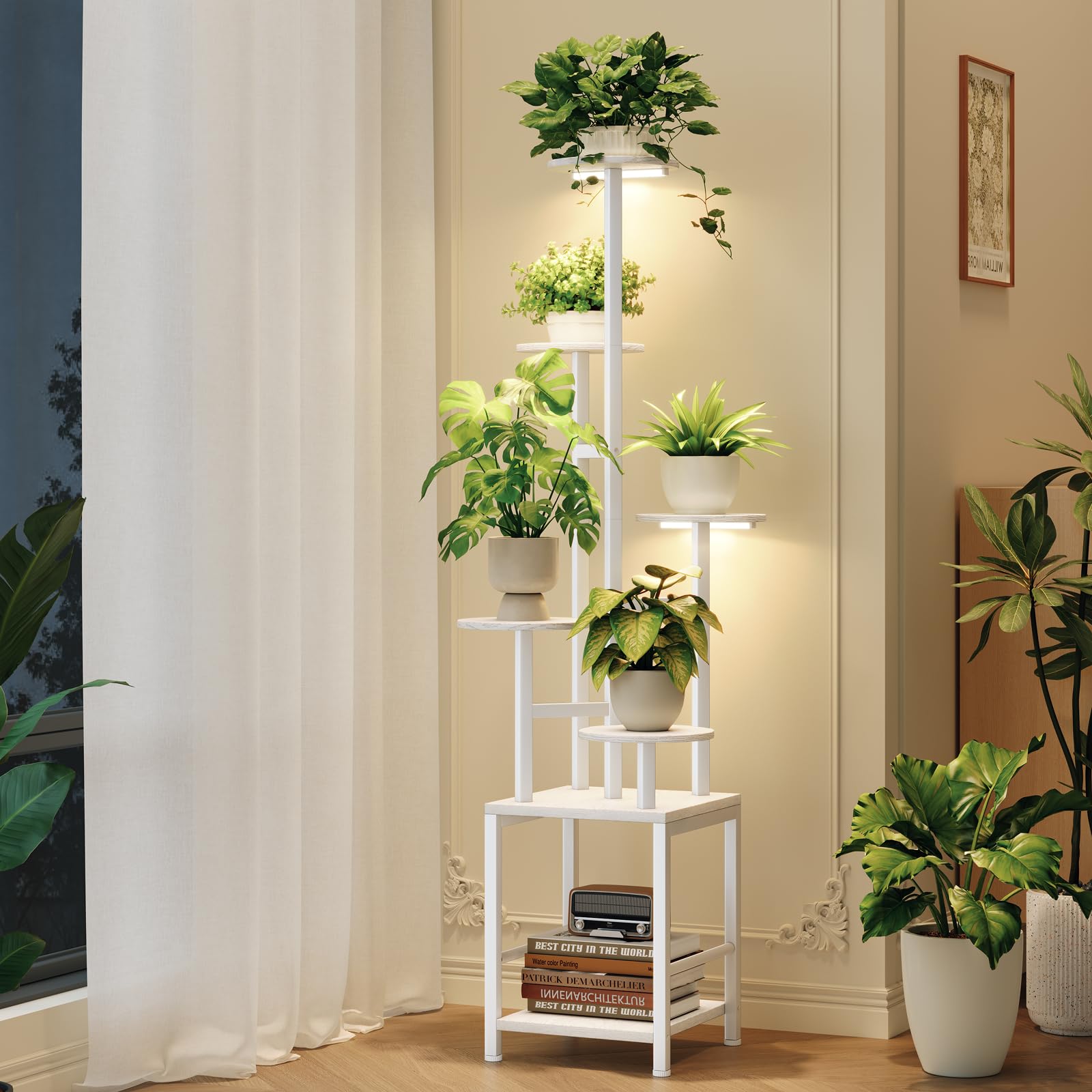 Homsorout Plant Stand Indoor with Grow Light, 6-Tiered Tall Plant Stand Indoor, Metal Plant Shelf with Hanging Basket Hook and Adjustable Light, Ideal for Living Room, Garden, Round Patio white
