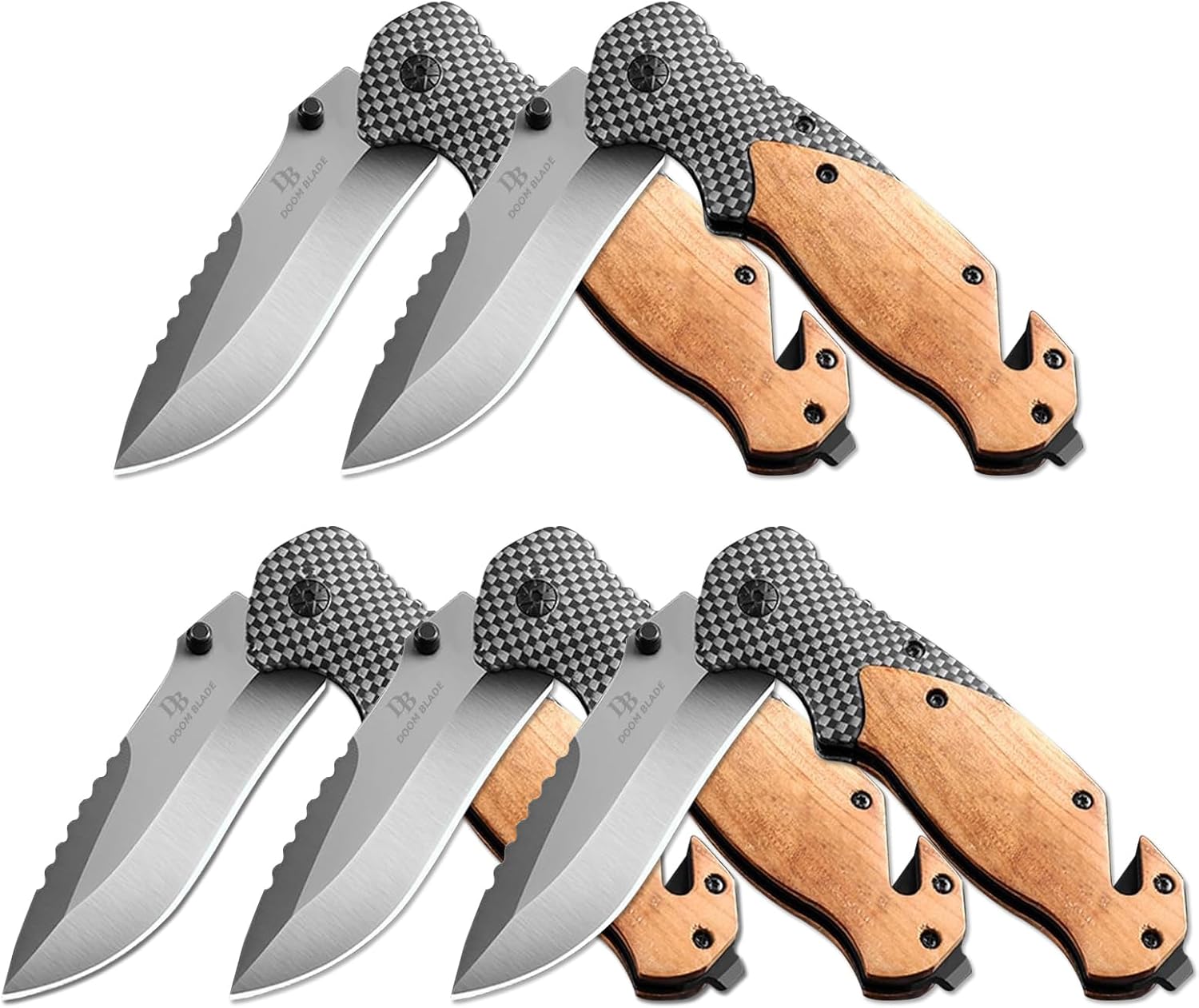 DOOM BLADE 8.3" Pocket Folding Knife with Glass Breaker, Seatbelt Cutter and Pocket Clip,EDC Knife with wood handle Sharp Tactical Camping Survival Hiking Knives (five knives)