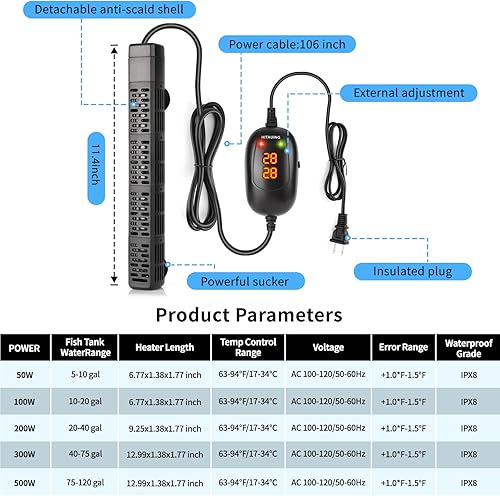 Vista 16 de HiTauing Calentador de acuario, 50 W/100 W/200 W/300 W/500 W, calentador sumergible para tanque de peces con protección contra sobretemperatura